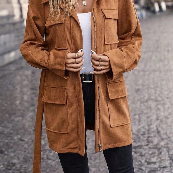 Brown Casual womens Flap Pocket Belted Suedette Coat - Picture 3 of 5